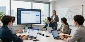 Team collaborating on an age verification system in a modern office