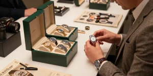 Examination of high-quality replica watches showcasing luxury details and craftsmanship.
