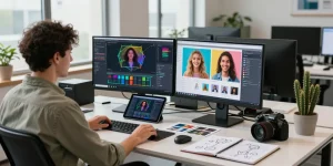 An AI detector workspace featuring an analyst reviewing AI image analysis software with monitors and tech tools.
