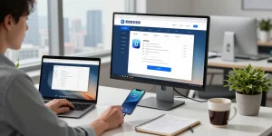 在办公室中使用爱思助手官网的用户正在连接设备以进行数据管理，显示专业化的技术环境。