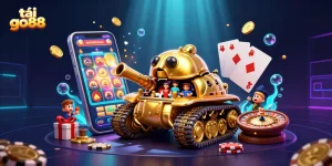 A 3D illustration showcasing tải go88 with a golden beetle tank, a colorful slot game, and lively casino elements.