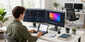 Software developer using dual monitors for coding at teiegramin.com workspace, vibrant app interface displayed.