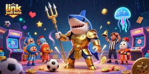 Engage in exciting link judi bola action with a dynamic underwater scene featuring a golden gladiator shark and sports elements.