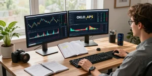 Oklo stock analysis in a modern cryptocurrency trading workspace, featuring digital wallet and DeFi dashboard charts, enhancing investment strategies.