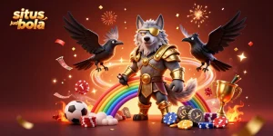 Engage with situs judi bola through a thrilling scene featuring Odin and ravens amidst sports betting elements.