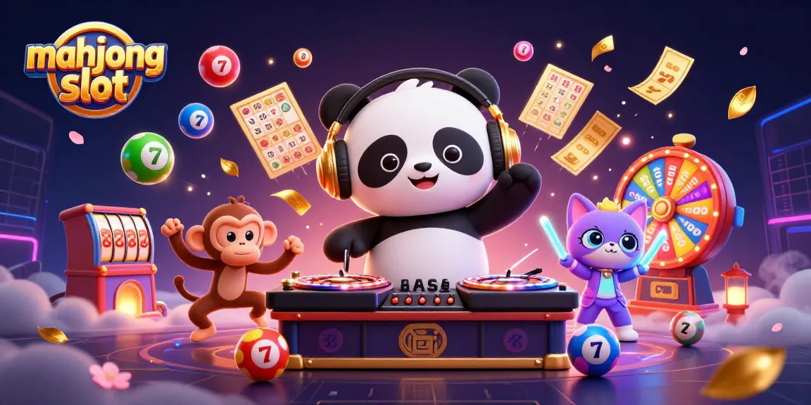 Experience thrilling mahjong slot action with a DJ panda, breakdancing monkey, and glow-stick kitten in a vibrant casino scene.