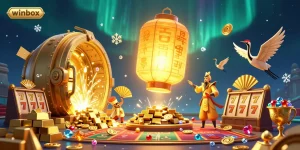 Winbox energizes players with a vibrant casino scene featuring glowing lantern spirits amidst dazzling gems and gold.