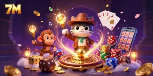 Engage with the thrilling game atmosphere of 7M as an explorer cat uncovers golden casino treasures.
