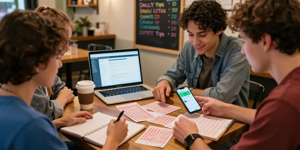 Suasana pemain togel berdiskusi tentang nomor rejeki dengan kopi dan notepad di kafe.