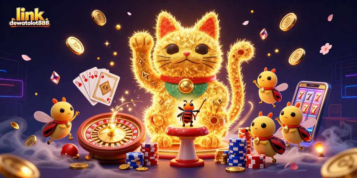 Menangkan keberuntungan di link dewataslot888 dengan gambar kucing keberuntungan yang dikelilingi simbol kasino.