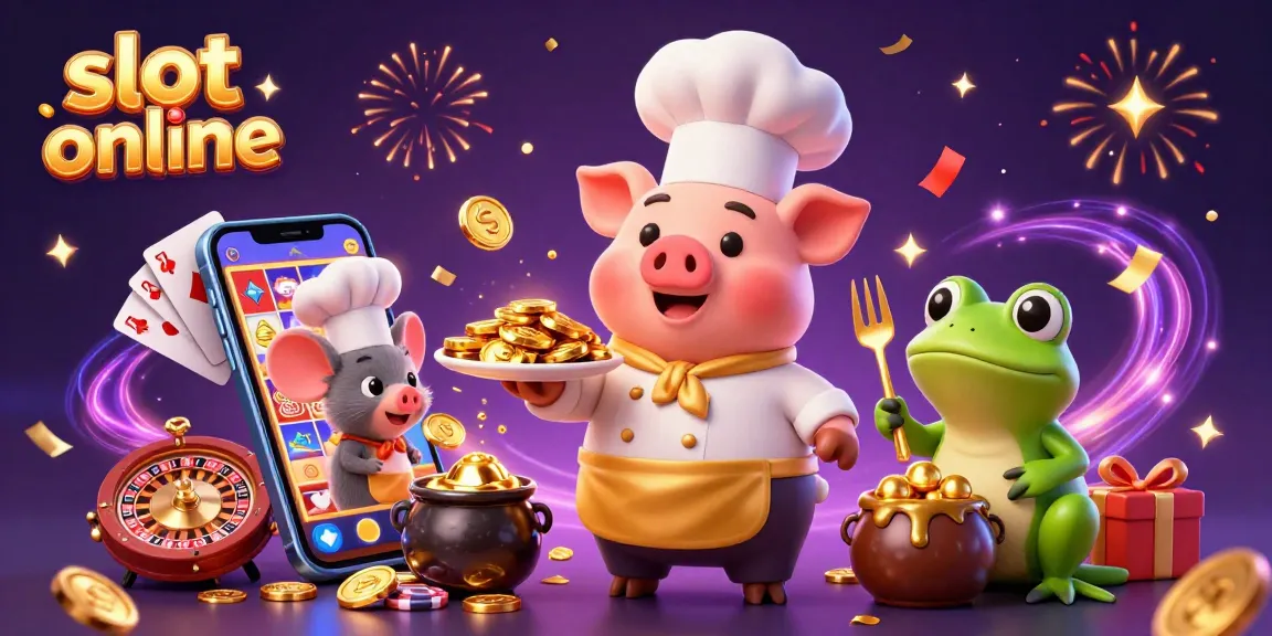 Engage with slot online games while a chef pig serves gold coins in a vibrant casino scene.