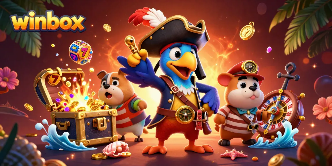 Winbox features slots and live dealer games in a vibrant 3D pirate-themed scene.