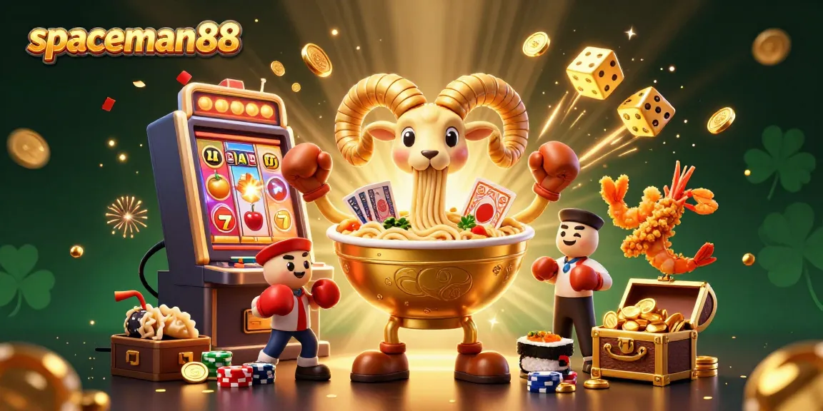 Engage in fun with spaceman88 as the giant ramen bowl deals cards and chips amidst a casino showdown.