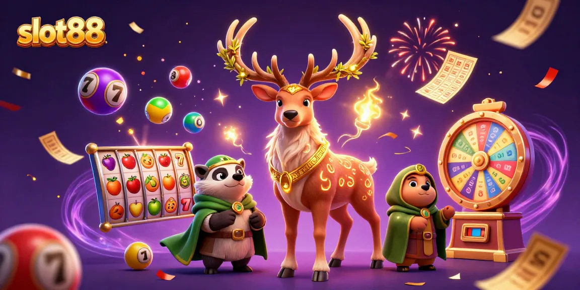 Win big with slot88 - vibrant 3D illustration featuring slot reels, druid stag, and dynamic lottery elements.